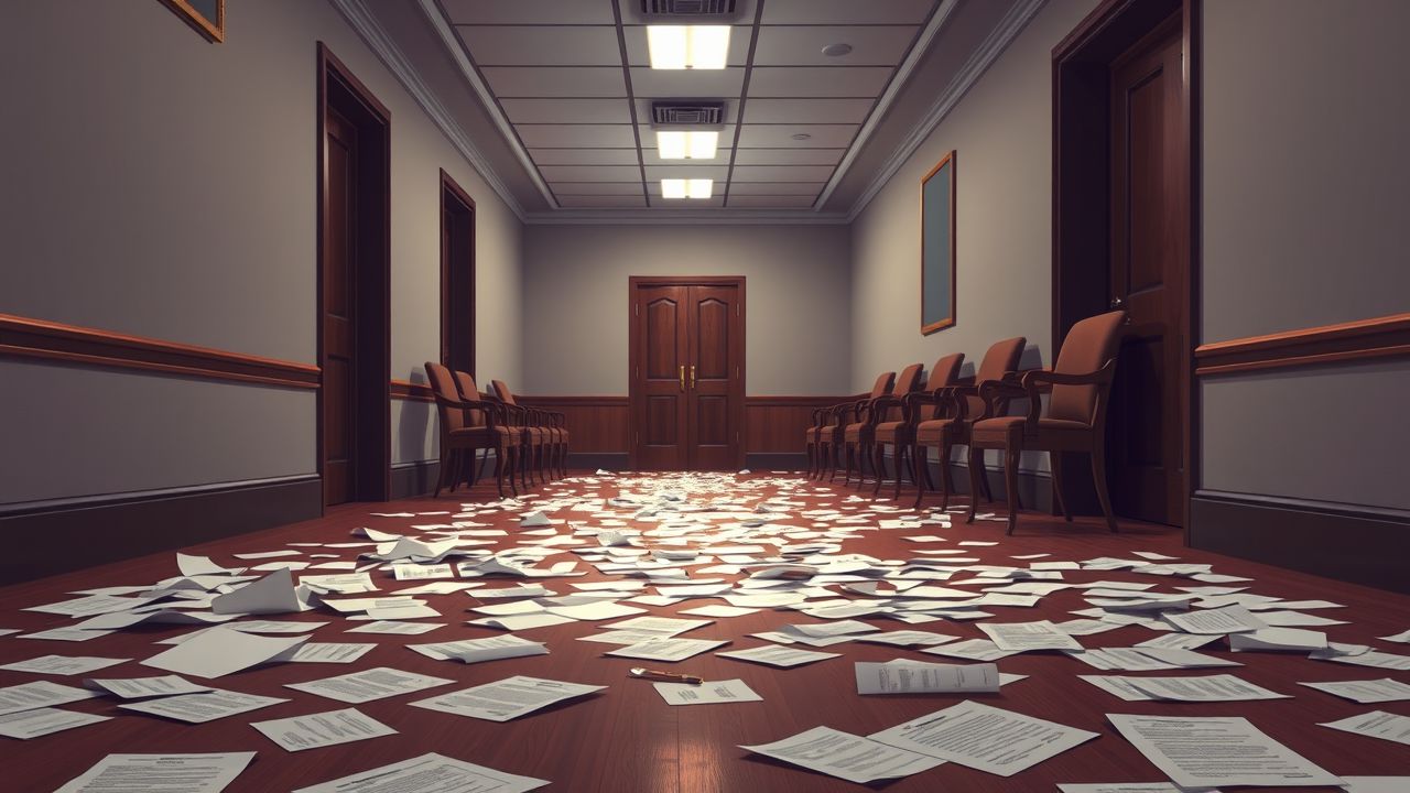 Een rommelige gang van de familierechtbank vol juridische documenten.
