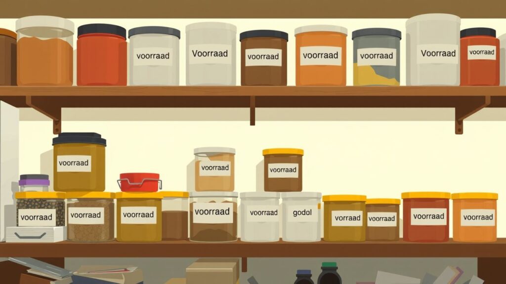Verschillende containers met etiketten van 'voorraad' op een rommelige plank.