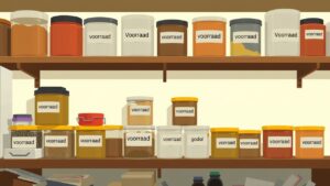 Verschillende containers met etiketten van 'voorraad' op een rommelige plank.