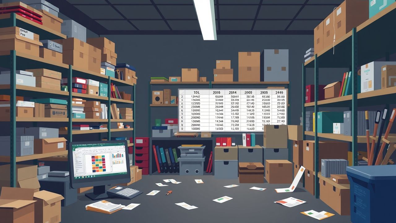 Een rommelig magazijn met volle planken en verspreide papieren.