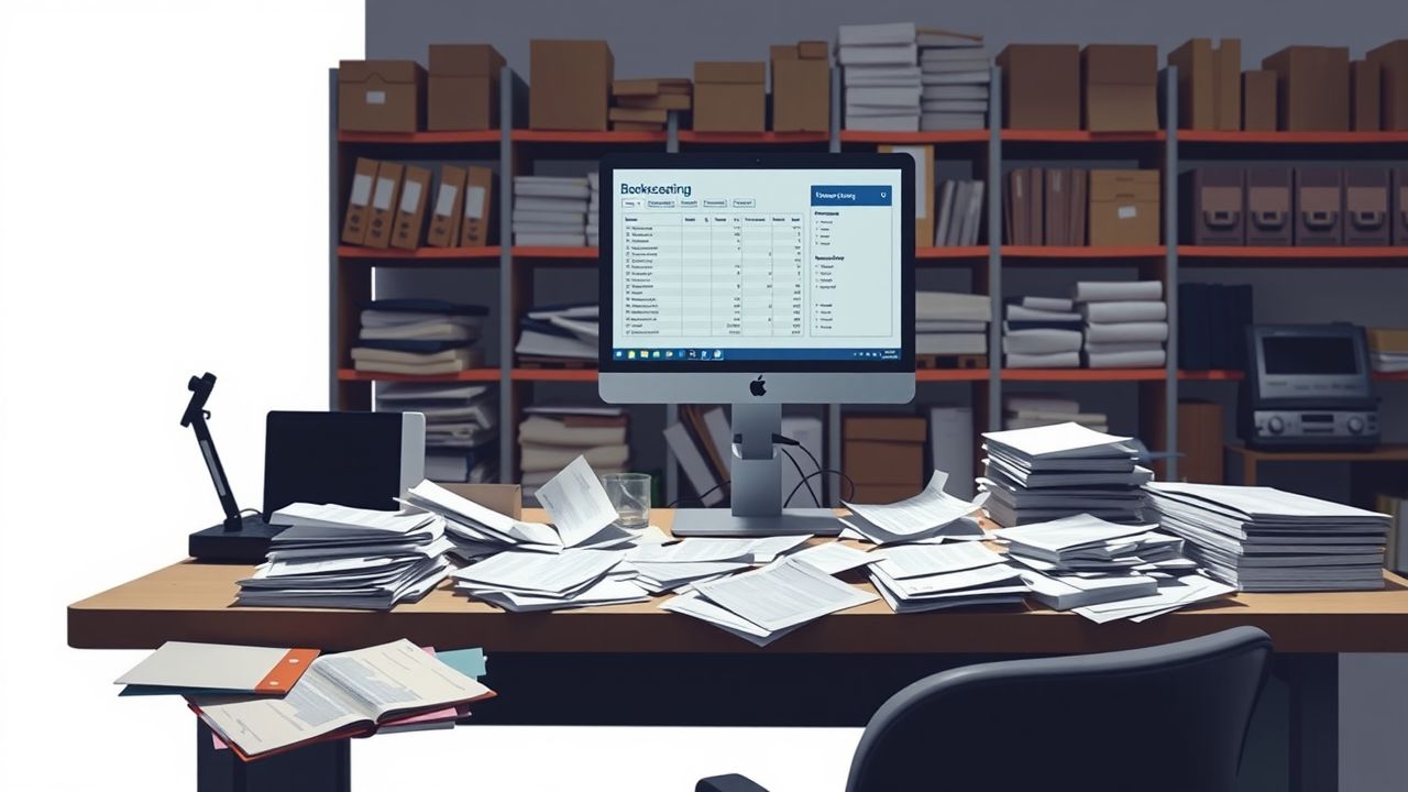 Een rommelig kantoor met een overvol bureau en opslagrekken.