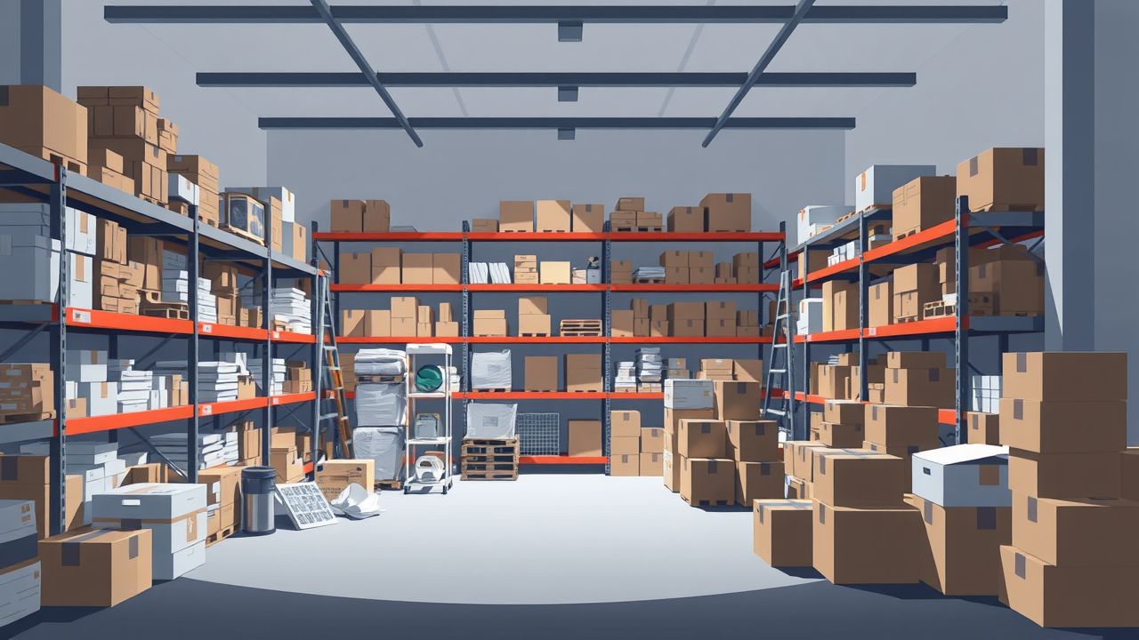 Een rommelige opslagruimte vol met producten en dozen.