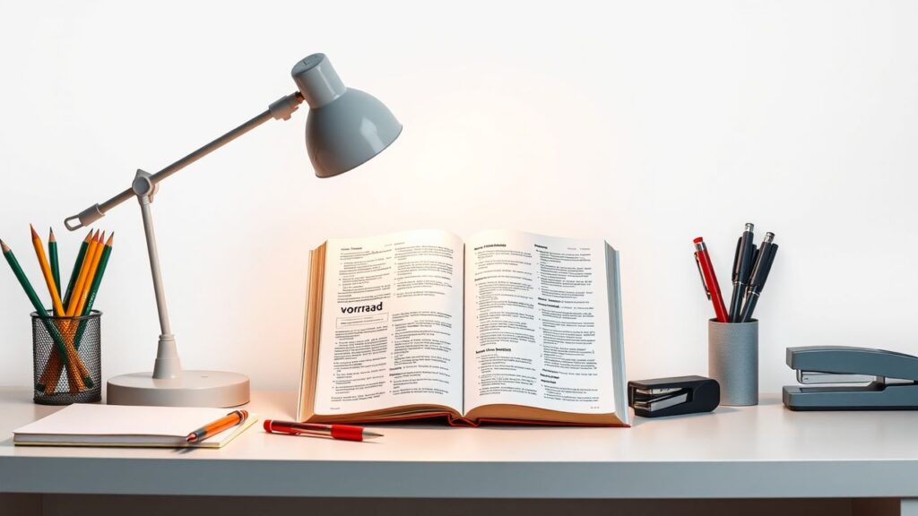 Een netjes georganiseerd kantoorbureau met een Duitse woordenboek en kantoorbenodigdheden.
