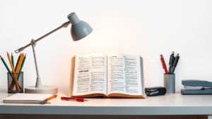 Een netjes georganiseerd kantoorbureau met een Duitse woordenboek en kantoorbenodigdheden.