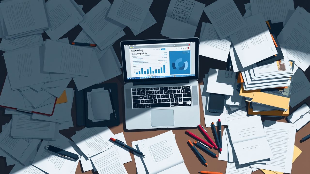 Een rommelig kantoorbureau met papieren, pennen en een open laptop.