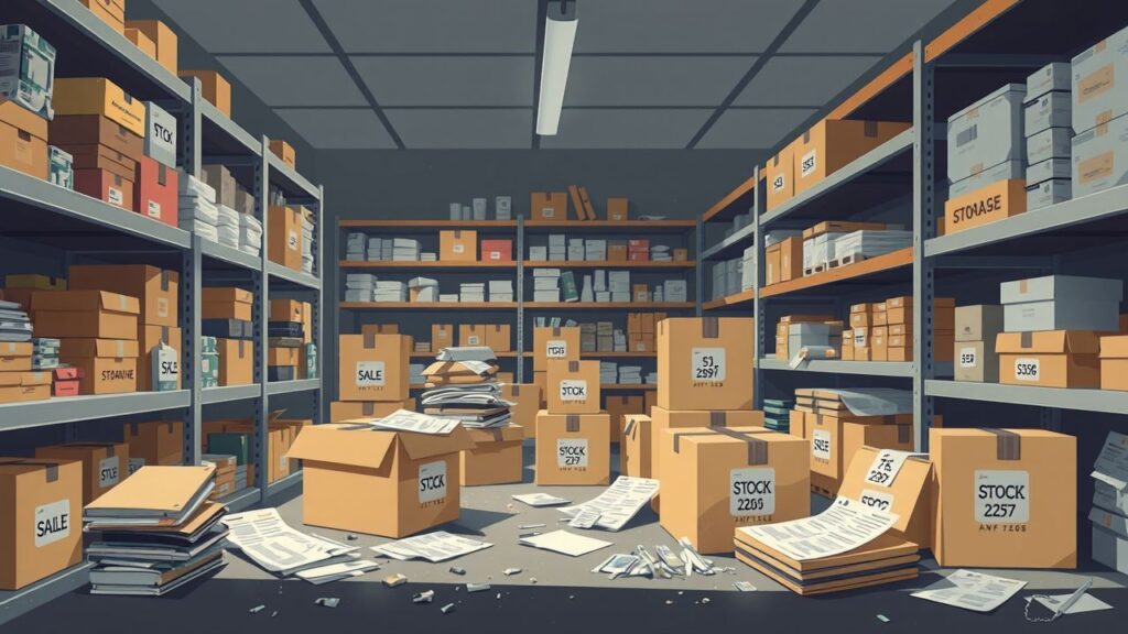 Een rommelige opslagkamer met planken, dozen en verspreide inventarislijsten.