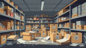Een rommelige opslagkamer met planken, dozen en verspreide inventarislijsten.