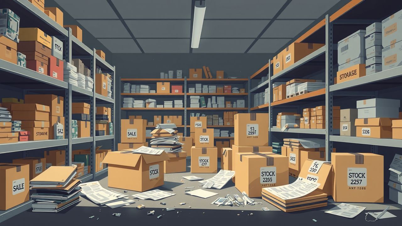 Een rommelige opslagkamer met planken, dozen en verspreide inventarislijsten.