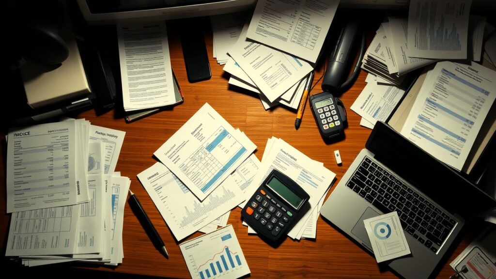 Een rommelig kantoorbureau met financiële documenten, laptop en rekenmachine.
