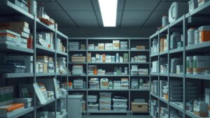 Een rommelige opslagruimte in een gezondheidszorgfaciliteit met verlopen medische benodigdheden.