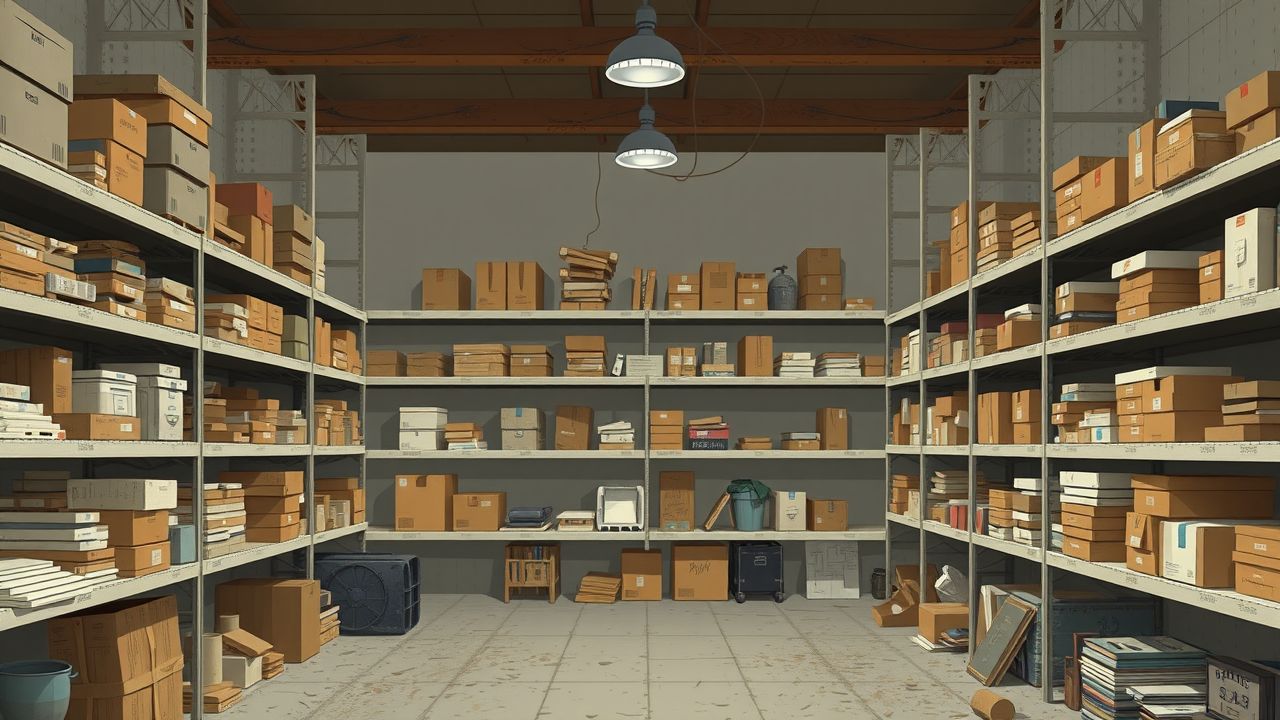 Een rommelig, verwaarloosd opslaggebouw met verouderde voorraden op de planken.